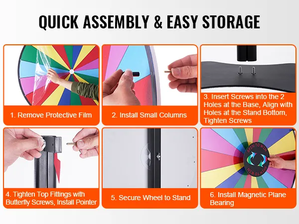 steps to assemble VEVOR spinning prize wheel: remove film, install columns, align screws, secure, add bearing.