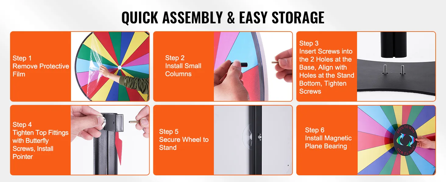 steps to assemble VEVOR spinning prize wheel: remove film, install columns, align screws, secure, add bearing.