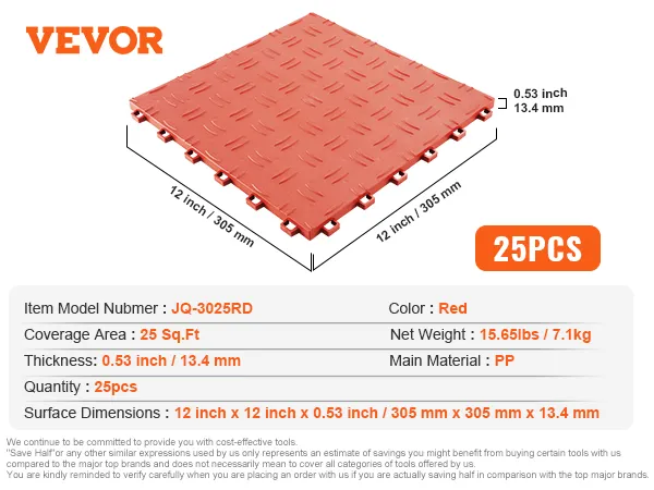 VEVOR-Garagenfliesen, 25 Stück, rot, 12 x 12 Zoll, 0,53 Zoll dick, deckt 25 Quadratfuß ab, Nettogewicht 15,65 Pfund.