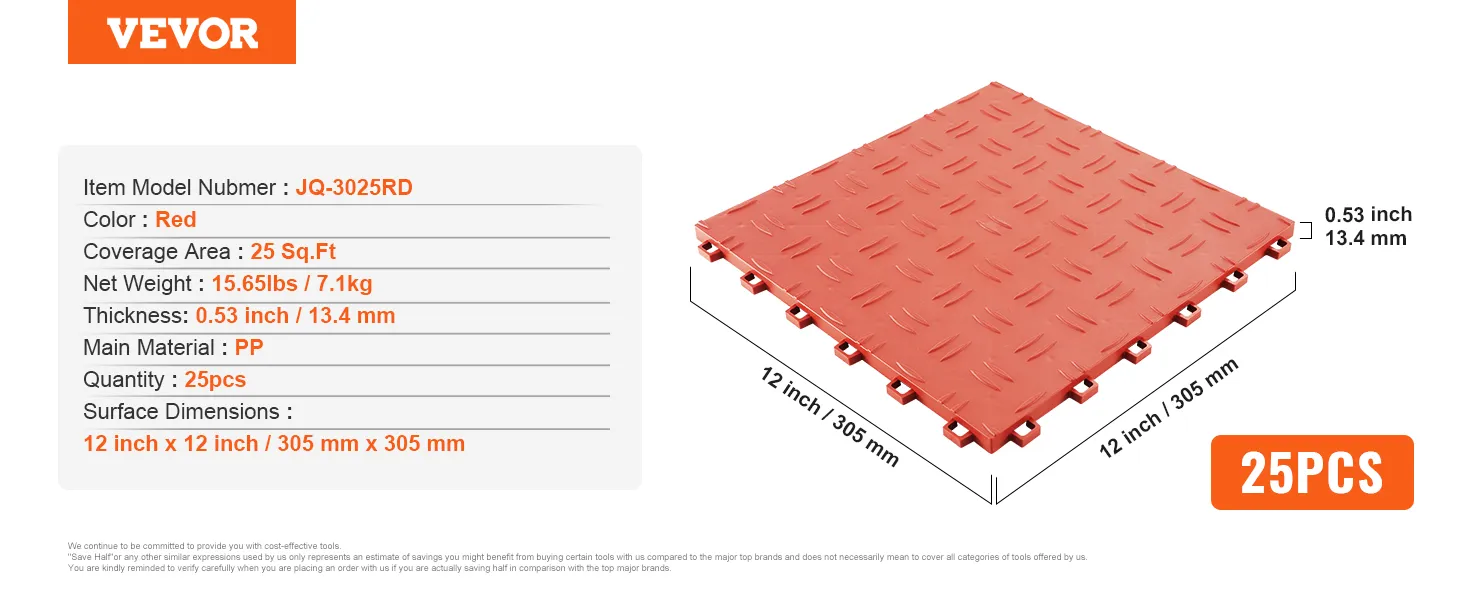 VEVOR-Garagenfliesen, 25 Stück, rot, 12 x 12 Zoll, 0,53 Zoll dick, deckt 25 Quadratfuß ab, Nettogewicht 15,65 Pfund.