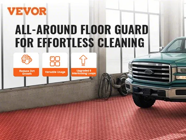 VEVOR-Garagenfliesen in einer geräumigen Garage mit einem geparkten grünen LKW und Vorteilssymbolen für Reinigung, Wasser- und Schmutzvorbeugung.