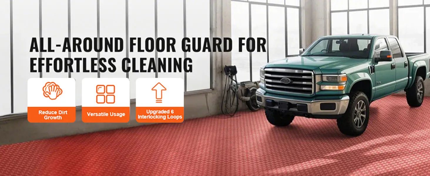 VEVOR-Garagenfliesen in einer geräumigen Garage mit einem geparkten grünen LKW und Vorteilssymbolen für Reinigung, Wasser- und Schmutzvorbeugung.