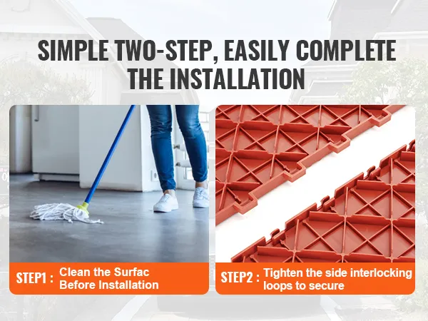 Die Installation erfolgt in zwei Schritten: Reinigen der Oberfläche, anschließendes Befestigen der VEVOR-Garagenfliesen mit ineinandergreifenden Schlaufen.