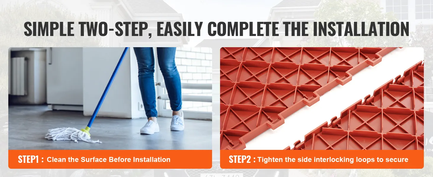 Die Installation erfolgt in zwei Schritten: Reinigen der Oberfläche, anschließendes Befestigen der VEVOR-Garagenfliesen mit ineinandergreifenden Schlaufen.