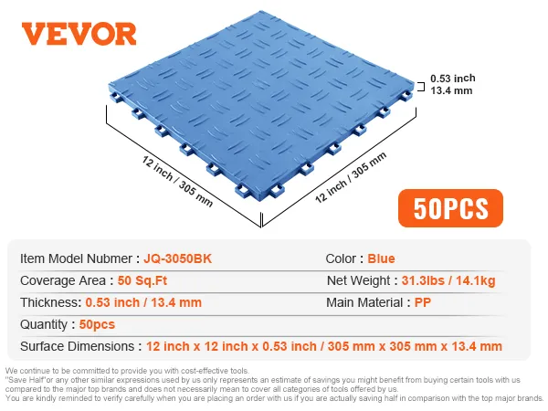 VEVOR garage tiles, blue, 12"x12", 50 pcs, 50 sq.ft coverage, 0.53" thick, pp material, model jq-3050bk.