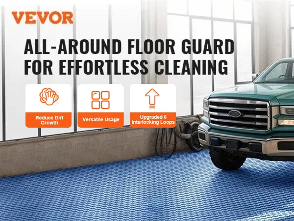 green truck parked on VEVOR garage tiles with benefits icons and "all-around floor guard" text.