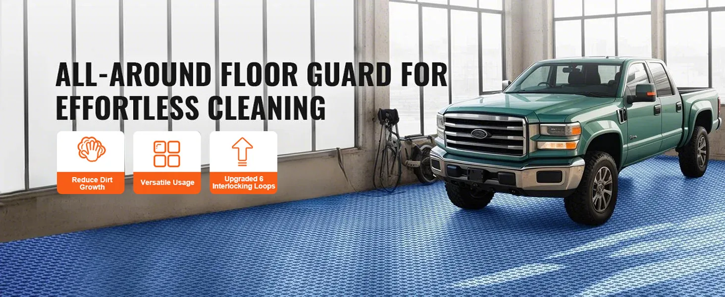 green truck parked on VEVOR garage tiles with benefits icons and "all-around floor guard" text.