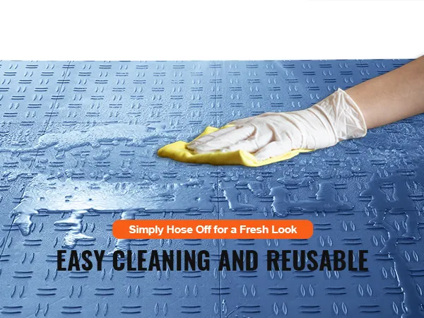 blue VEVOR garage tiles being cleaned with water, showcasing easy cleaning and reusable features.