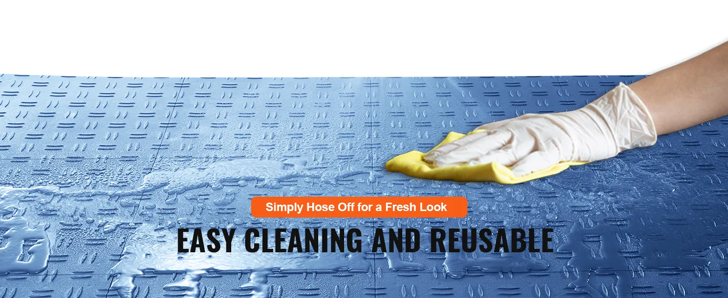 blue VEVOR garage tiles being cleaned with water, showcasing easy cleaning and reusable features.