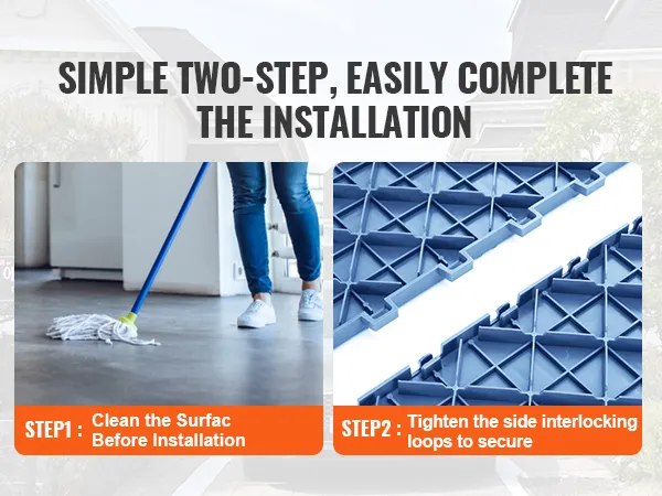 two-step installation: clean surface, secure the interlocking loops of VEVOR garage tiles.