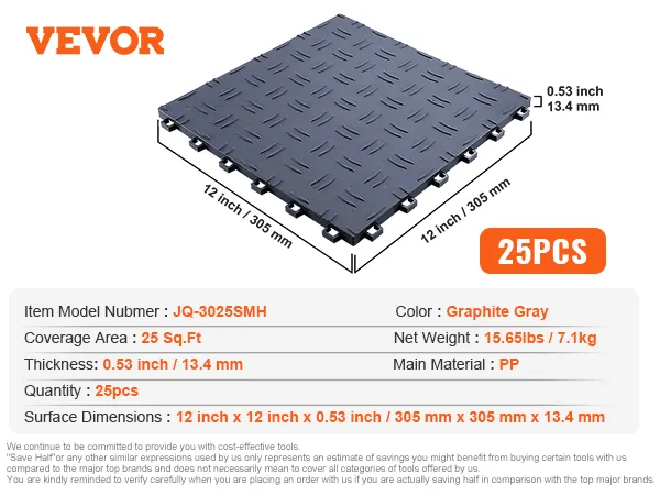 VEVOR garage tiles, graphite gray, 25pcs, 12x12 inch, 25 sq. ft coverage, 0.53 inch thickness, pp material.