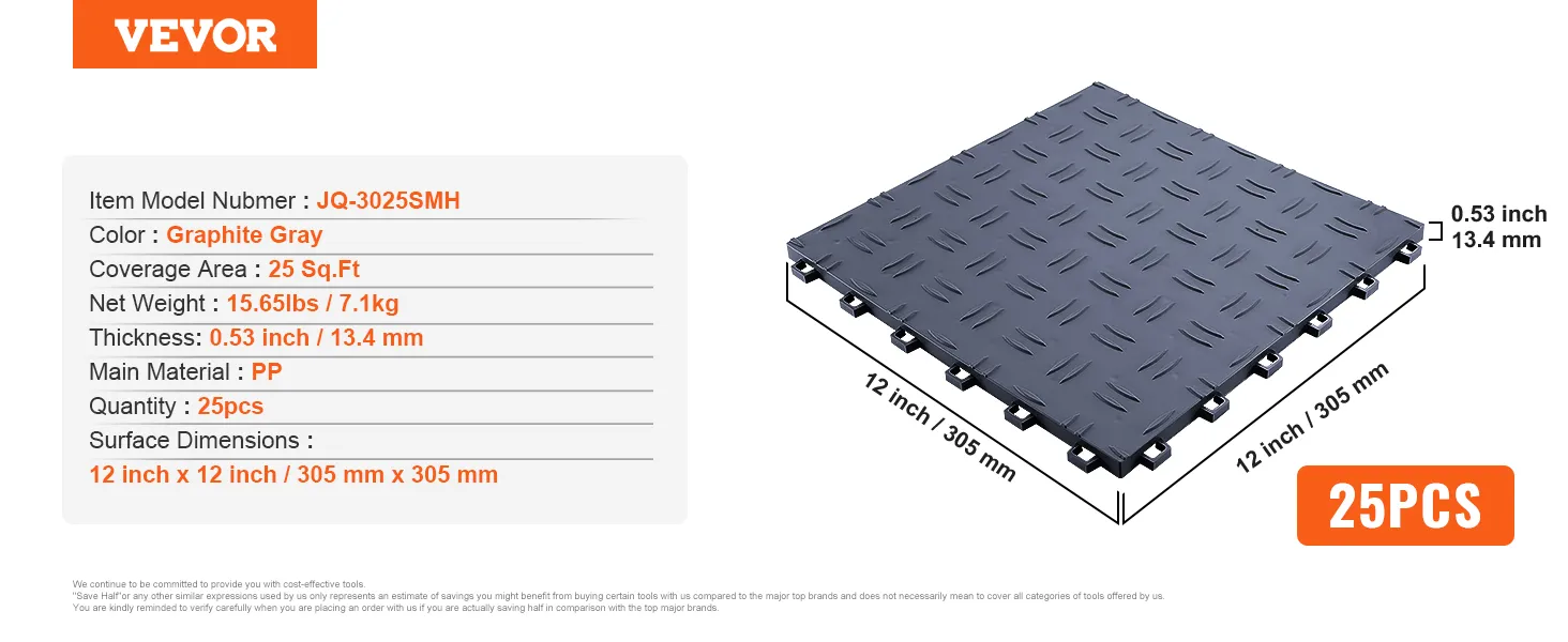 VEVOR garage tiles, graphite gray, 25pcs, 12x12 inch, 25 sq. ft coverage, 0.53 inch thickness, pp material.