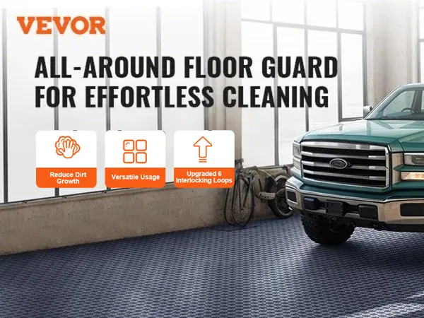 VEVOR garage tiles in a garage with a green truck, highlighting water seepage prevention and dirt reduction.