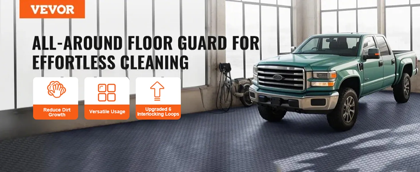 VEVOR garage tiles in a garage with a green truck, highlighting water seepage prevention and dirt reduction.