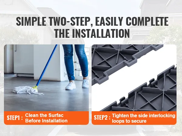 two-step installation guide: clean surface, interlock VEVOR garage tiles for secure fit.