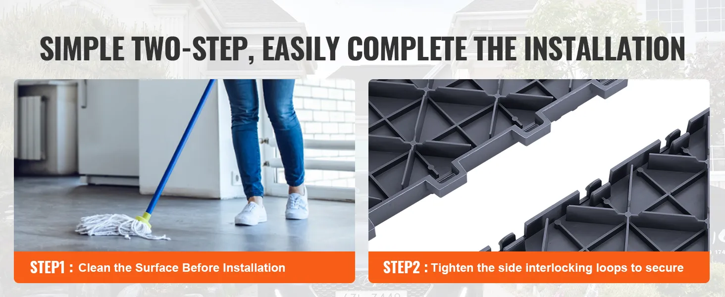 two-step installation guide: clean surface, interlock VEVOR garage tiles for secure fit.