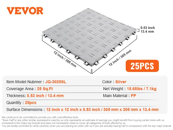 VEVOR garage tiles, model jq-3025sl, 25pcs, silver, 12x12 inch, 25 sq.ft coverage, pp material.