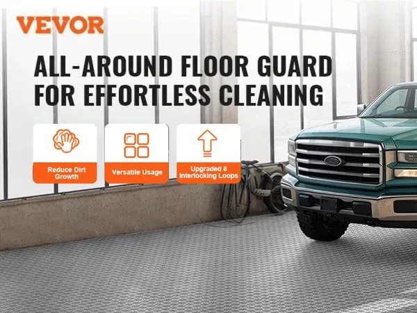 VEVOR garage tiles in a garage with a green truck, highlighting features like water seepage prevention.