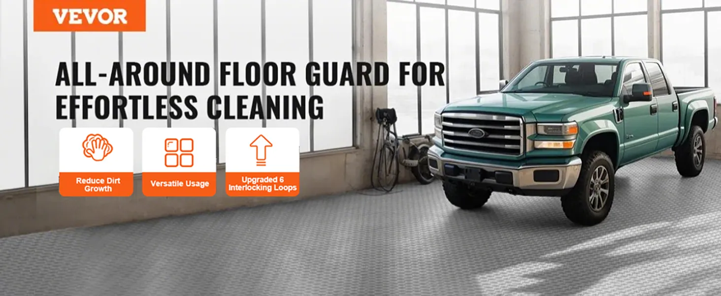 VEVOR garage tiles in a garage with a green truck, highlighting features like water seepage prevention.