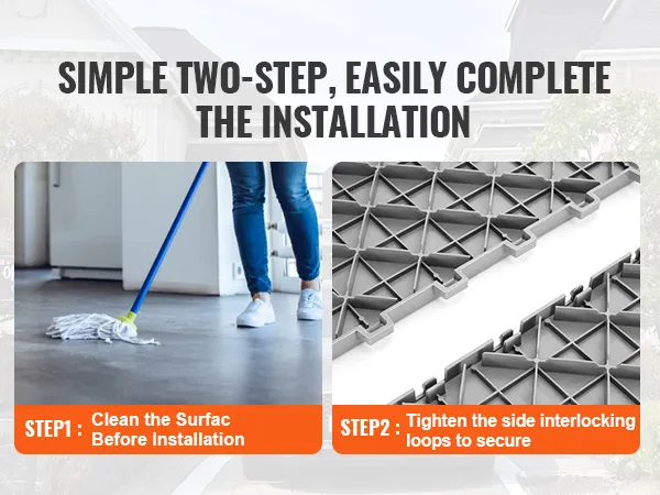 simple two-step VEVOR garage tiles installation: clean the surface, then secure tiles with interlocking loops.