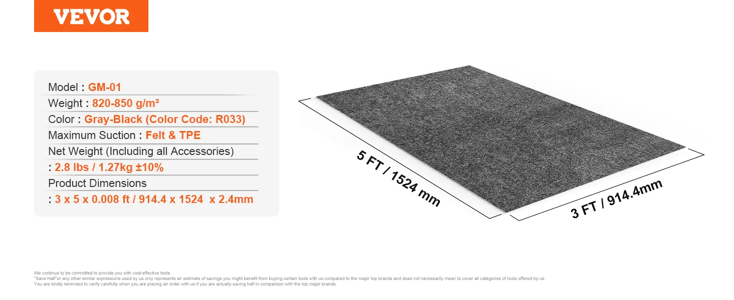 VEVOR waterproof garage floor mat, gray-black, 3x5 ft, felt & tpe, 2.8 lbs, 820-850 g/m².