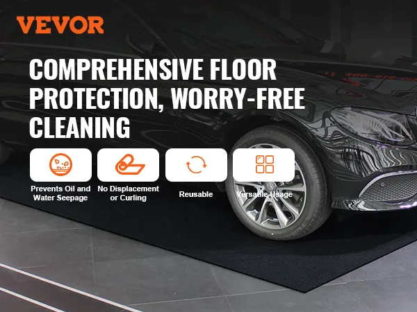 VEVOR waterproof garage floor mat under black car with benefits: prevents seepage, no curling, reusable.