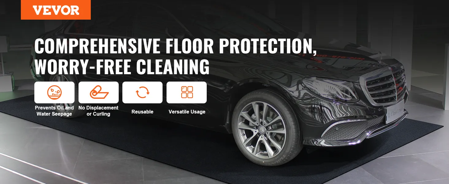 VEVOR waterproof garage floor mat under black car with benefits: prevents seepage, no curling, reusable.