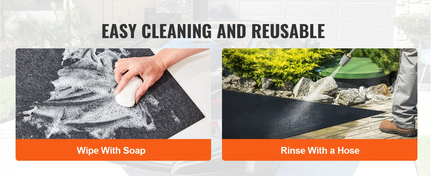 easy cleaning of VEVOR waterproof garage floor mat; wipe with soap or rinse with a hose.