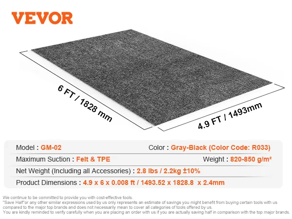 VEVOR waterproof garage floor mat in gray-black, 4.9x6 ft, felt and tpe. 2.8 lbs, 820-850 g/m².