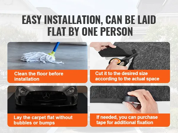 easy installation guide for VEVOR waterproof garage floor mat: clean, cut to size, lay flat, use tape if needed.