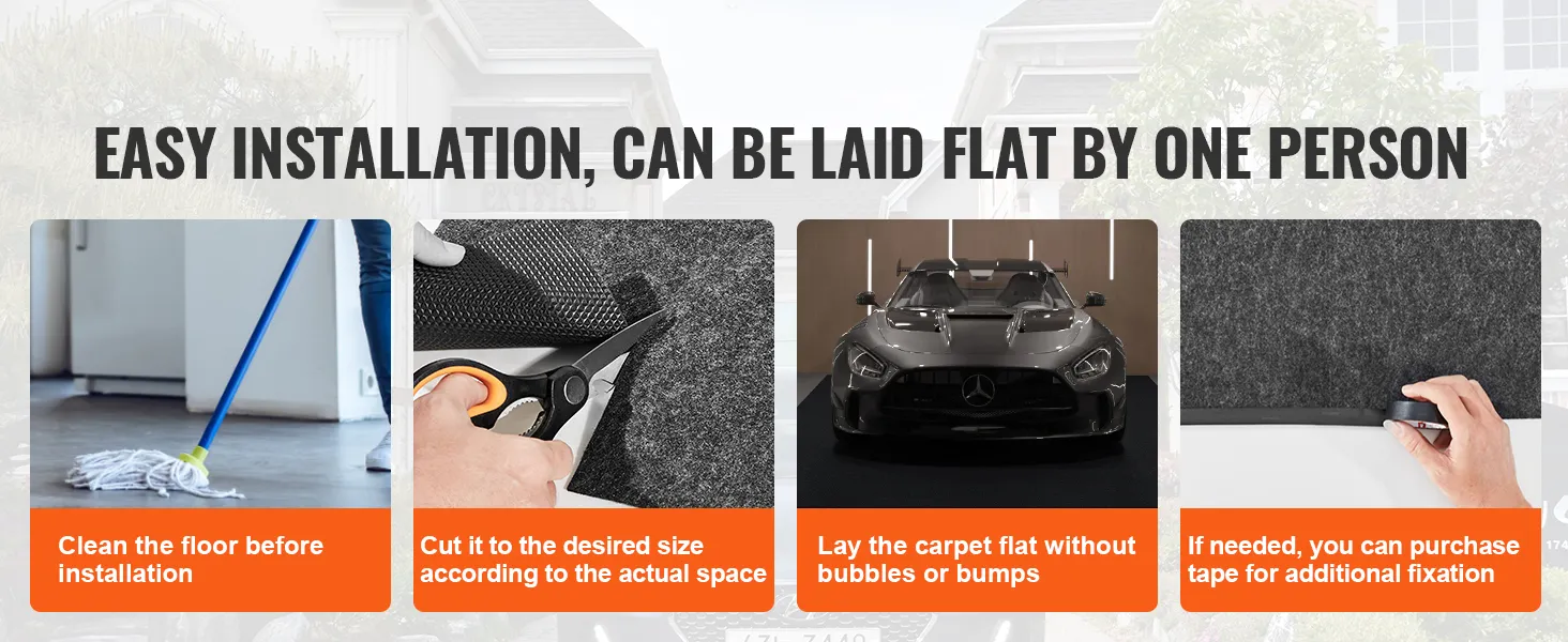 easy installation guide for VEVOR waterproof garage floor mat: clean, cut to size, lay flat, use tape if needed.