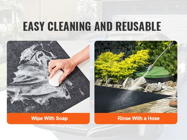 easy cleaning and reusable VEVOR waterproof garage floor mat, wipe with soap, rinse with a hose.