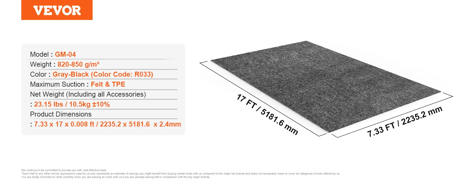 Alfombrilla de garaje VEVOR gm-04, gris-negro, 7,33 x 17 pies, 23,15 libras, fieltro y TPE, especificaciones del modelo incluidas.