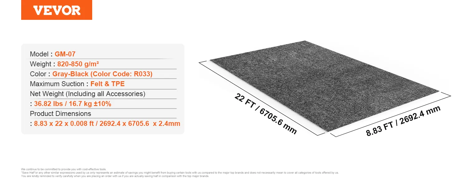 VEVOR garage floor mat gray-black 22 by 8.83 feet with felt and tpe, model gm-07.