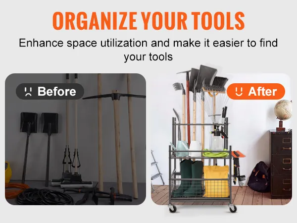 Organizer per attrezzi da giardino VEVOR: confronto tra utensili da giardino ordinatamente riposti prima e dopo l'utilizzo dell'organizer.