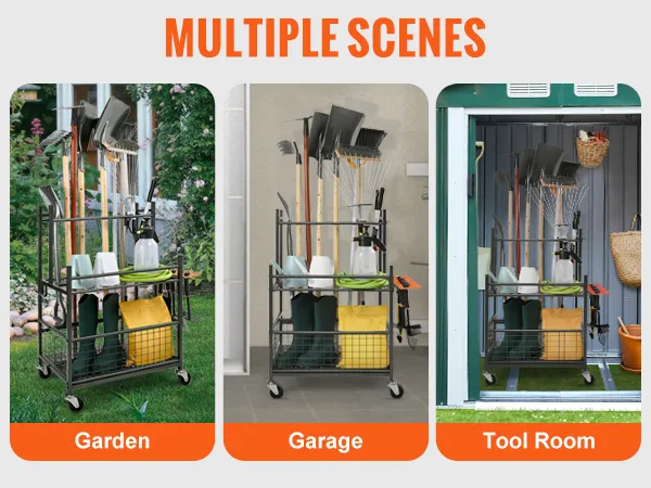 L'organizzatore per attrezzi da giardino VEVOR mostra gli attrezzi organizzati in giardino, garage e ripostiglio.