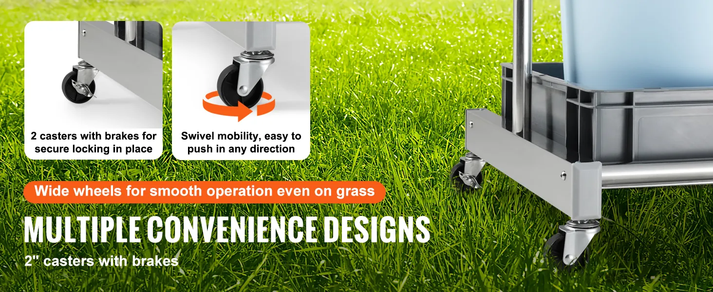 zwenkwielen met remmen op gras, wat een soepele werking en draaibaarheid van de VEVOR tuingereedschap organizer bevordert.