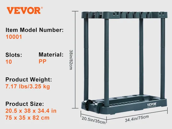 VEVOR garden tool organizer with 10 slots, 7.17 lbs, size: 20.5x34.4x38 in, material: pp.