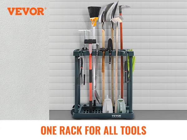 VEVOR garden tool organizer with anti-tip system and 10 rack slots for a neat and professional solution.