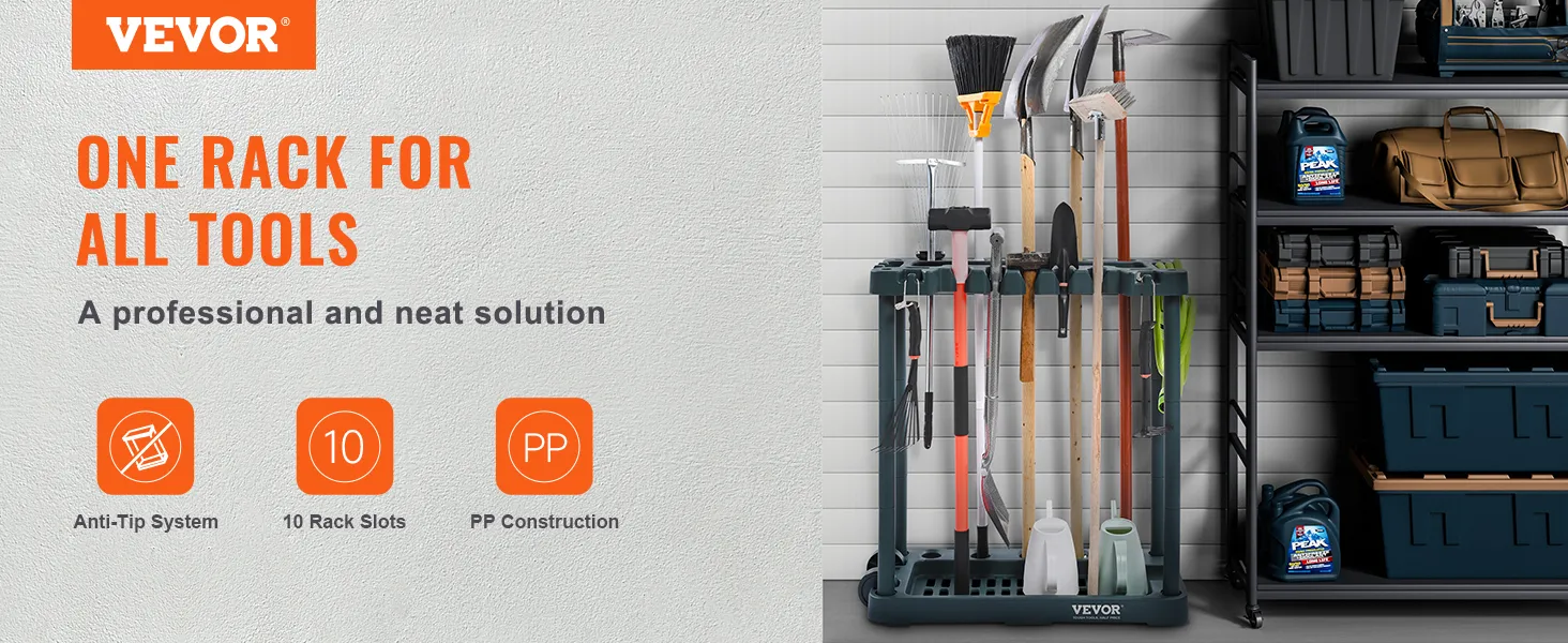 VEVOR garden tool organizer with anti-tip system and 10 rack slots for a neat and professional solution.