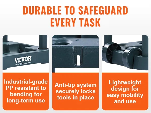 VEVOR garden tool organizer, pp material, anti-tip system, lightweight design, durable for long-term use.