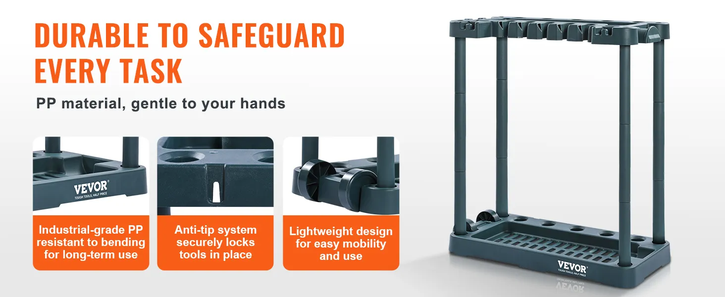 VEVOR garden tool organizer, pp material, anti-tip system, lightweight design, durable for long-term use.