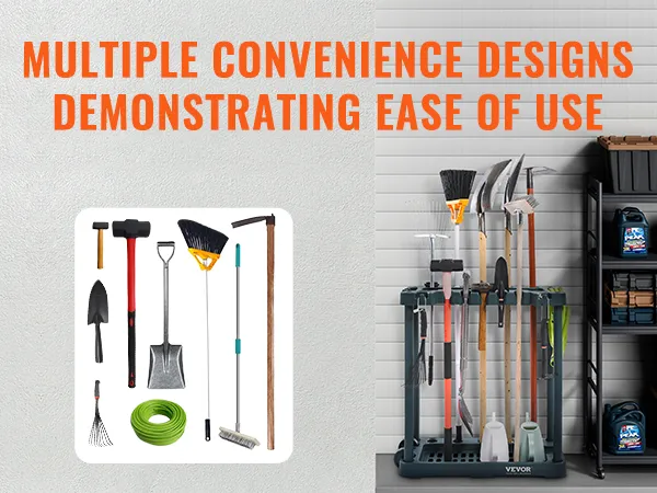 VEVOR garden tool organizer: high-capacity, versatile tool holder with shovels, rakes, and hoses.