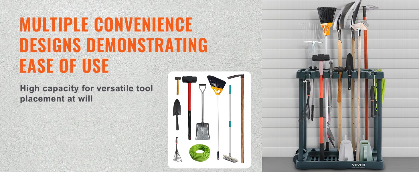 VEVOR garden tool organizer: high-capacity, versatile tool holder with shovels, rakes, and hoses.
