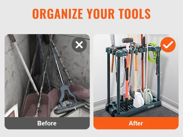 before and after showing organized gardening tools in a VEVOR garden tool organizer.