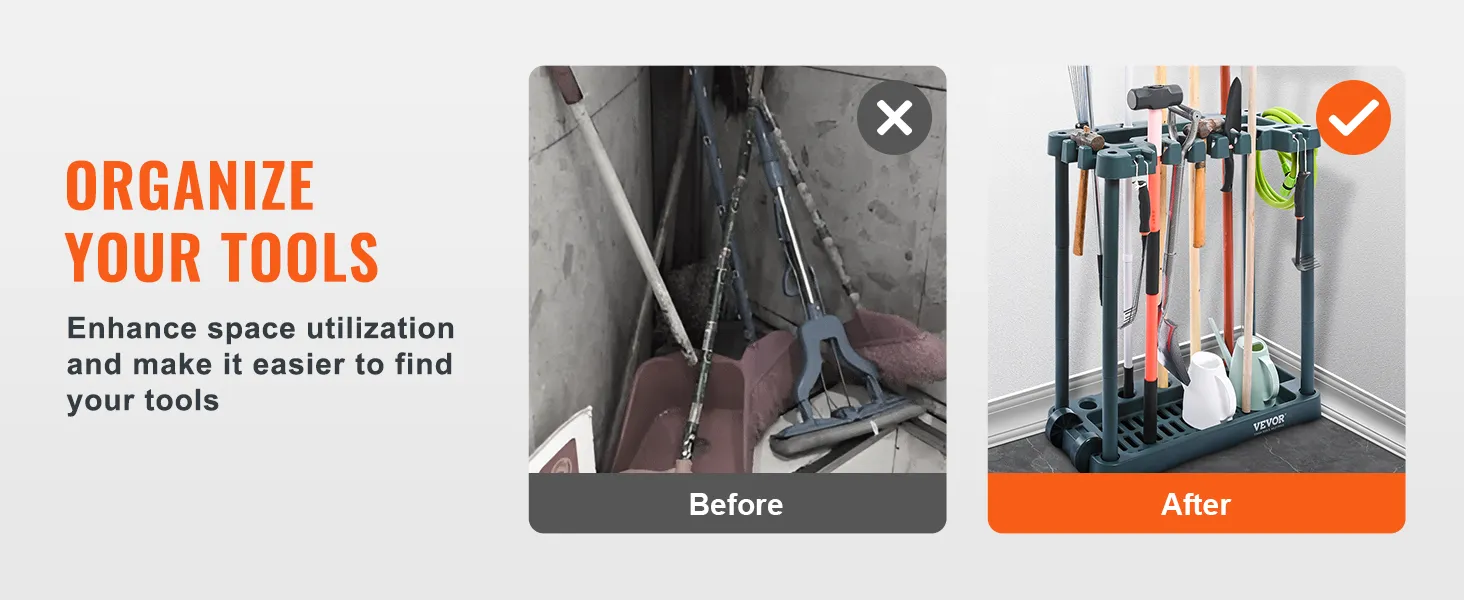 before and after showing organized gardening tools in a VEVOR garden tool organizer.