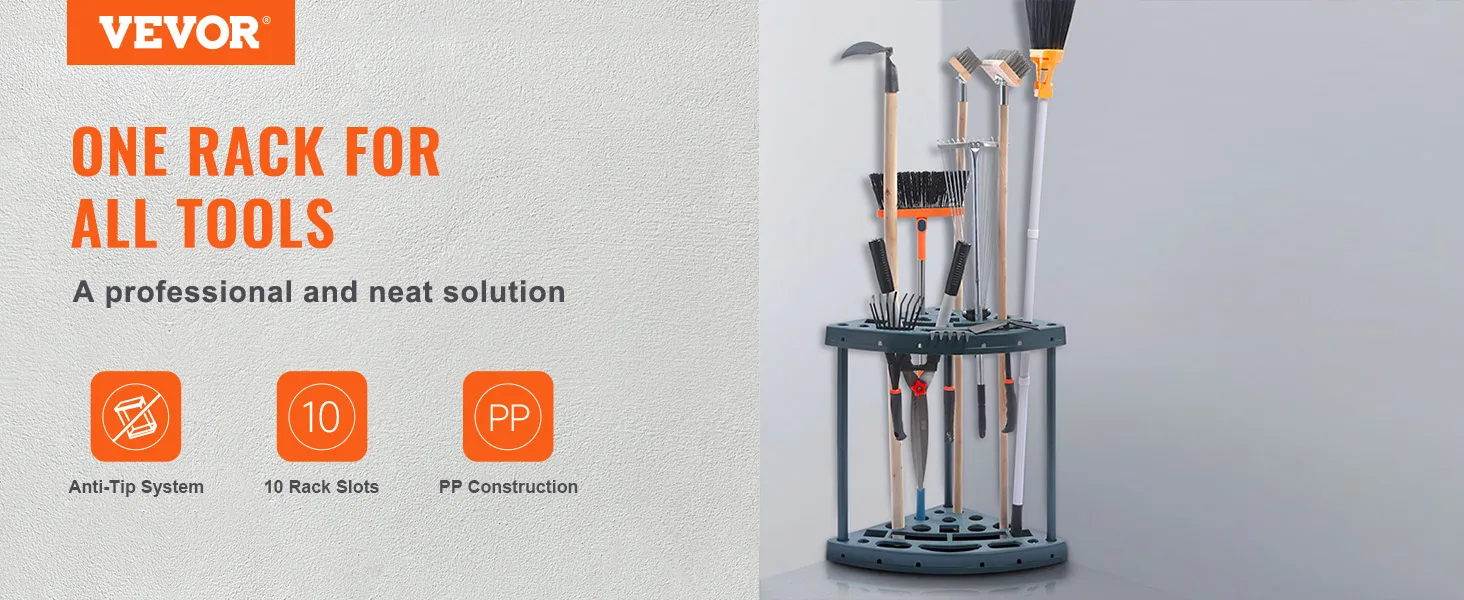 VEVOR tuingereedschap organizer met 10 reksleuven en anti-kantelsysteem voor professionele opslag.
