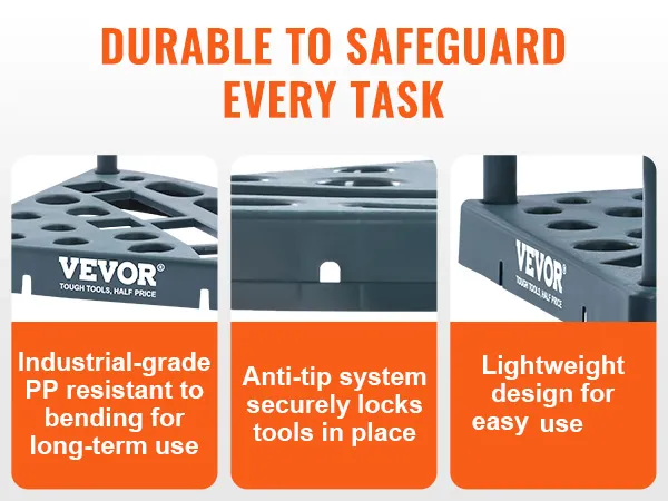 VEVOR tuingereedschap organizer met industriële kwaliteit pp, anti-kantel systeem en lichtgewicht ontwerp voor mobiliteit.