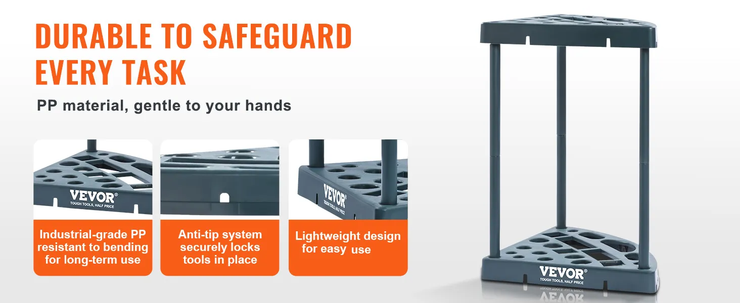 VEVOR tuingereedschap organizer met industriële kwaliteit pp, anti-kantel systeem en lichtgewicht ontwerp voor mobiliteit.