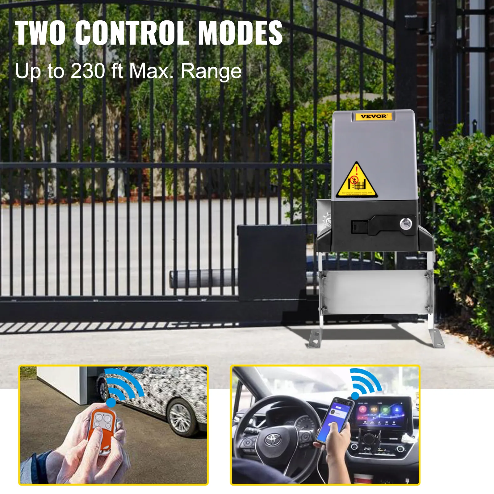 VEVOR sliding gate opener with remote and app control, 230-ft range.